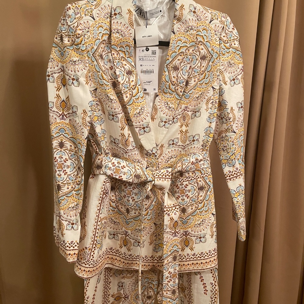 NEW! ZARA WOMAN PRINTED LINEN BLEND BLAZER + PANTS SET Size XS NWT! - Picture 7 of 15